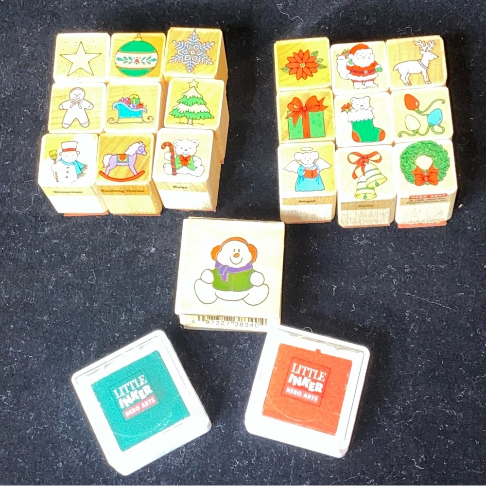 Lot of 19 Vintage 90’s Unused Rubber Christmas Stamps + 2 Ink Pads, Hero Arts